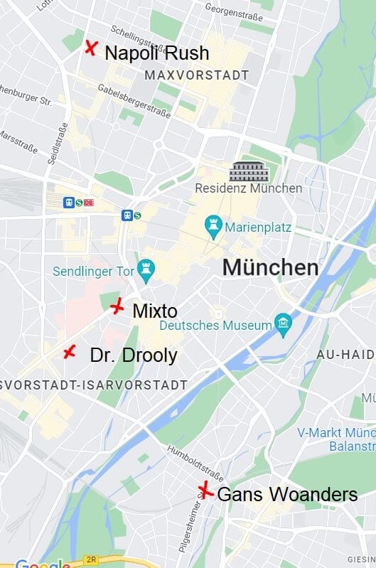 Karte mit veganen Pizzerien München