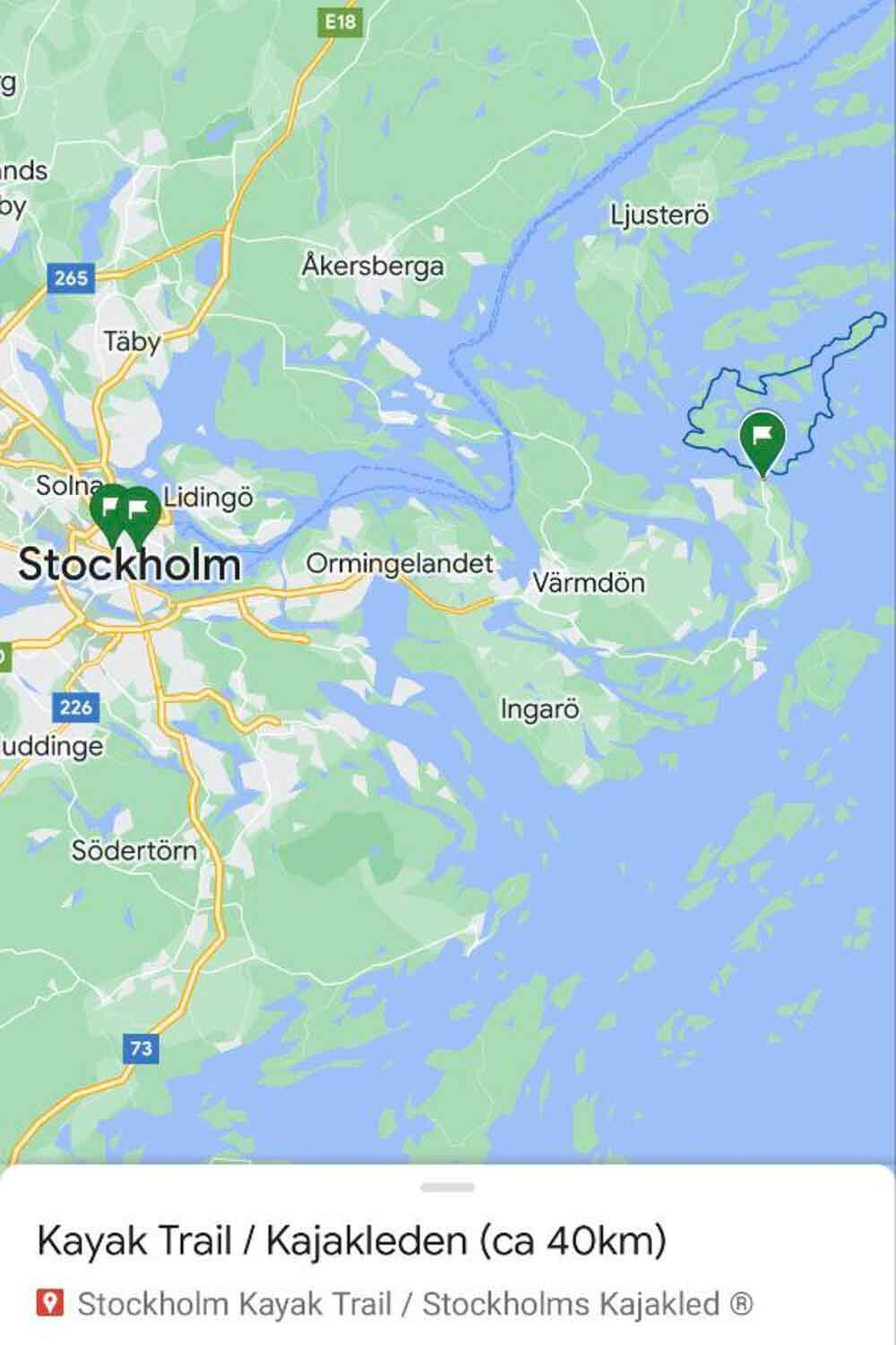 Kajak Route in den Schären von Stockholm